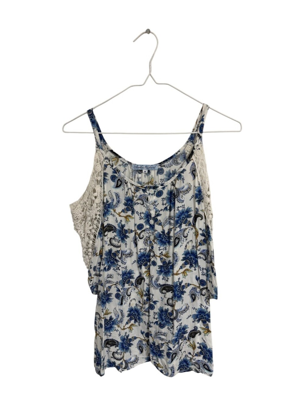 Claudia Richard Women's Medium Blue Floral Cold Shoulder Top Boho chic Grandma